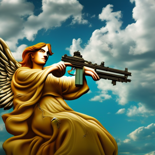 Angel holding a gun, clouds in background, trippy