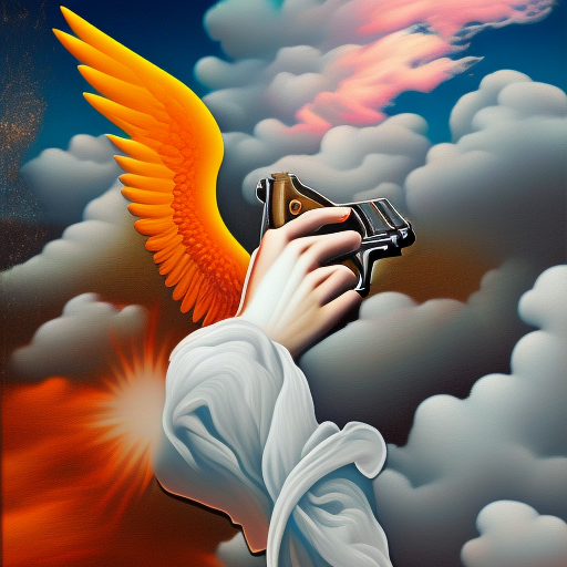 Angel holding a gun, clouds in background, trippy