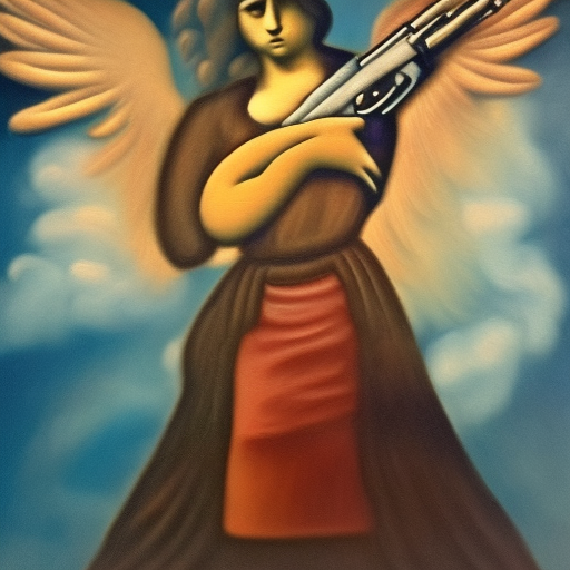 Angel holding a gun, clouds in background, trippy