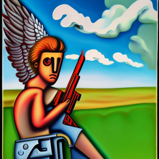 Angel holding a gun, clouds in background, trippy