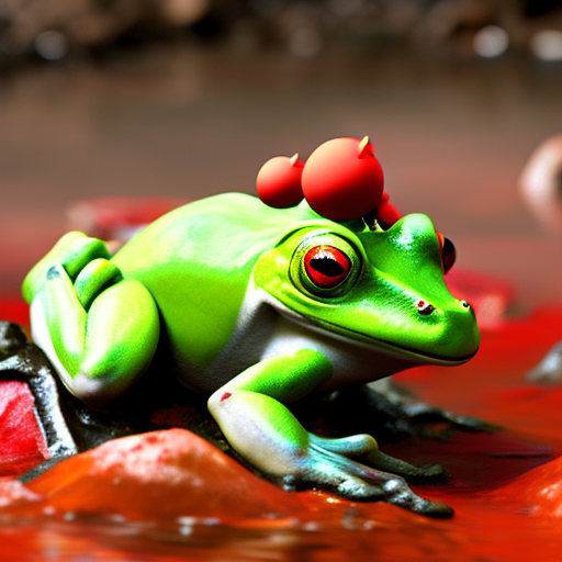 A frog wading in lava, in the style of Pablo amaringo