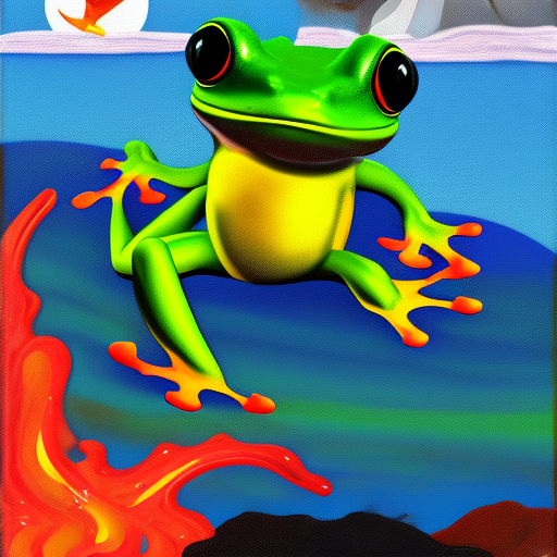 A frog wading in lava, in the style of Pablo amaringo