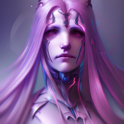 Cyborg girl, long hair, purple hair, head and shoulders portrait, 8k resolution concept art portrait by Greg Rutkowski, Artgerm, WLOP, Alphonse Mucha dynamic lighting hyperdetailed intricately detailed Splash art trending on Artstation triadic colors Unreal Engine 5 volumetric lighting