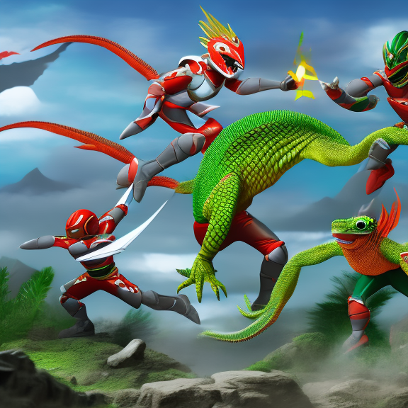 Power Rangers fighting a lizard monster, 8k, highly detailed
