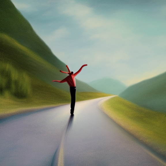 a man dancing on a road in mountains