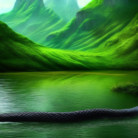 a huge snake  monster blocking the water from river flowing in between huge green mountains. beatiful