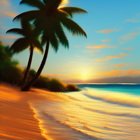 a beautiful white beach at golden hour. Sunlight hitting the sand and water, making them sparkle. Palm trees on the beach flowing slightly in pleasant air. Beatiful pleasant waves crashing on the beach