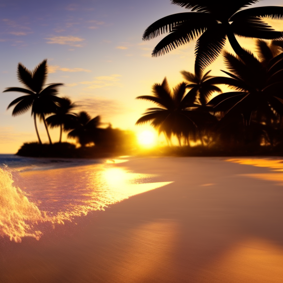 a beautiful white beach at golden hour. Sunlight hitting the sand and water, making them sparkle. Palm trees on the beach flowing slightly in pleasant air. Beatiful pleasant waves crashing on the beach