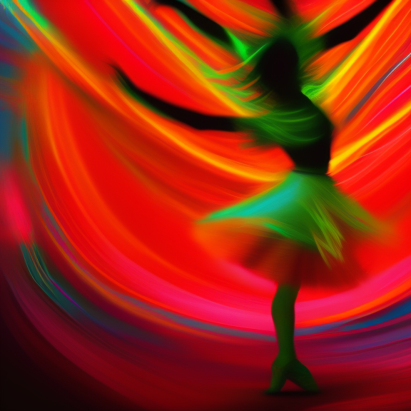 a dancer  dancing whirling skirt amongs bright neon lights 