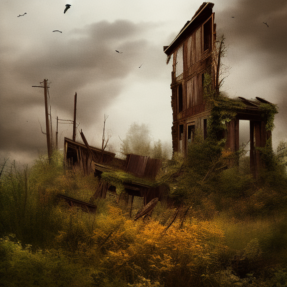 "Include elements of destruction and decay, such as broken buildings, debris, and wild overgrowth. The overall tone should be eerie and ominous, with an emphasis on the loneliness and hopelessness of the scene. Experiment with different lighting and color palettes to create a sense of unease and foreboding."