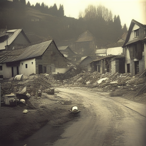 "Create a series of artworks depicting a peaceful village that is repeatedly being destroyed and rebuilt. Show the progression of the village as it is first idyllic and tranquil, then ravaged by some sort of disaster, and finally, the rebuilding process.
