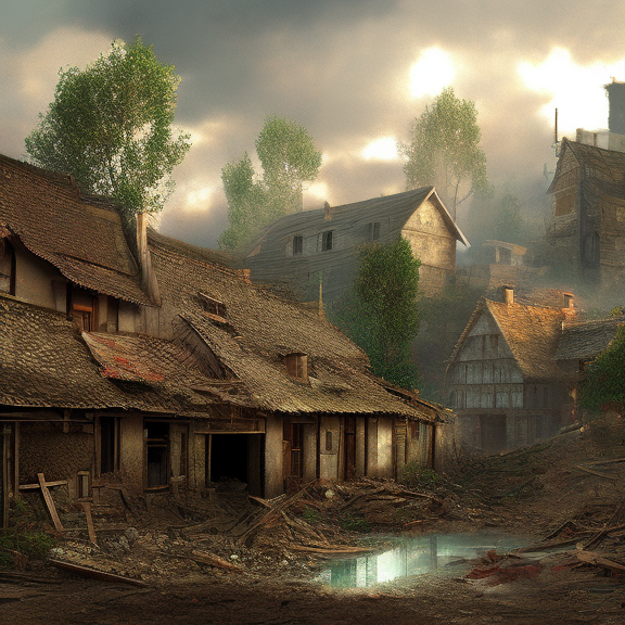 "Create a series of artworks depicting a peaceful village that is repeatedly being destroyed and rebuilt. Show the progression of the village as it is first idyllic and tranquil, then ravaged by some sort of disaster, and finally, the rebuilding process.