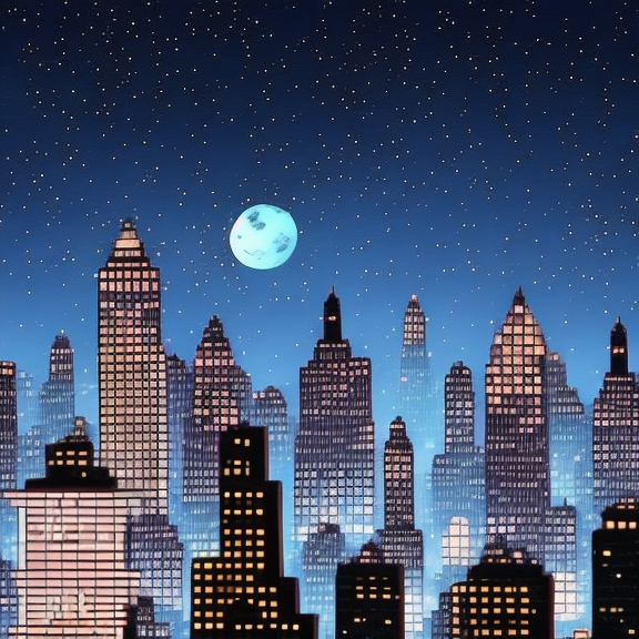 
Create a lofi illustration of a city skyline at night, with the moon reflecting off the buildings and dark, starry skies.

