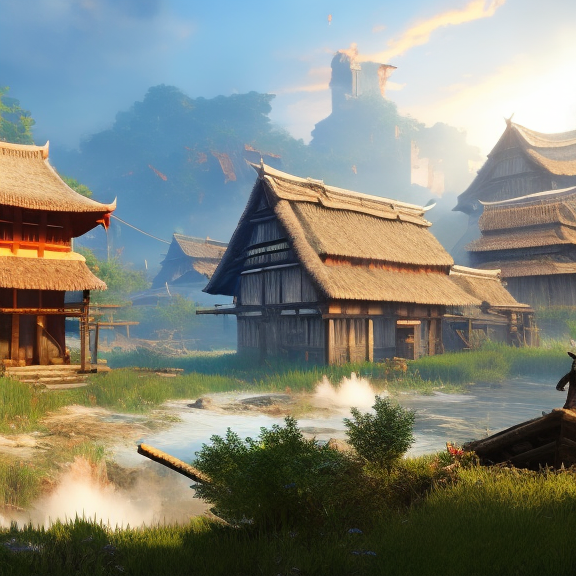 Create a series of artworks depicting a peaceful village that is repeatedly being attacked by an unknown force and rebuilt. Show the progression of the village as it is first idyllic and tranquil, then ravaged by the attack, and finally, the rebuilding process.