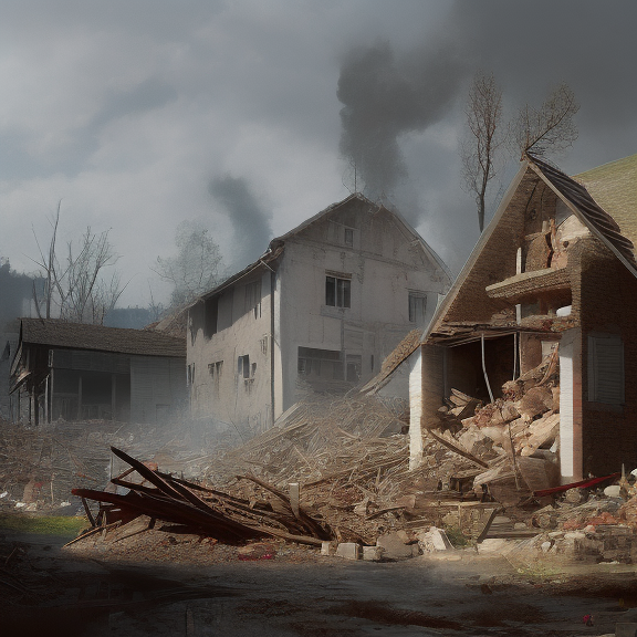 "Create a series of artworks depicting a peaceful village repeatedly attacked and rebuilt. Show the progression from idyllic to destruction, and then rebuilding. Use symbols to represent the cyclical nature of destruction and rebuilding. The overall message should convey resilience and the human spirit to rebuild."