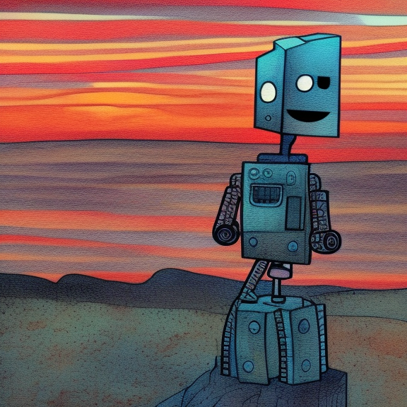 a robot watching a sunset, digital art