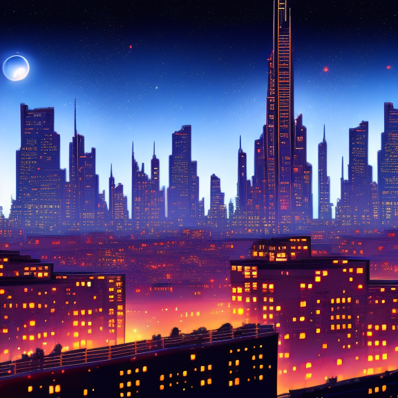 Create a lofi illustration of a city skyline at night, with the moon reflecting off the buildings and dark, starry skies. Create a lofi illustration of a city skyline at night, with the moon reflecting off the buildings and dark, starry skies. cyberpunk art, amber
