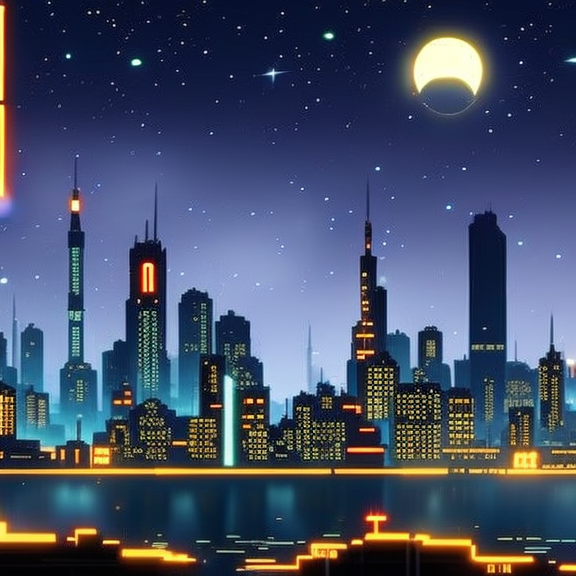 Create a lofi illustration of a city skyline at night, with the moon reflecting off the buildings and dark, starry skies. Create a lofi illustration of a city skyline at night, with the moon reflecting off the buildings and dark, starry skies. cyberpunk art, amber