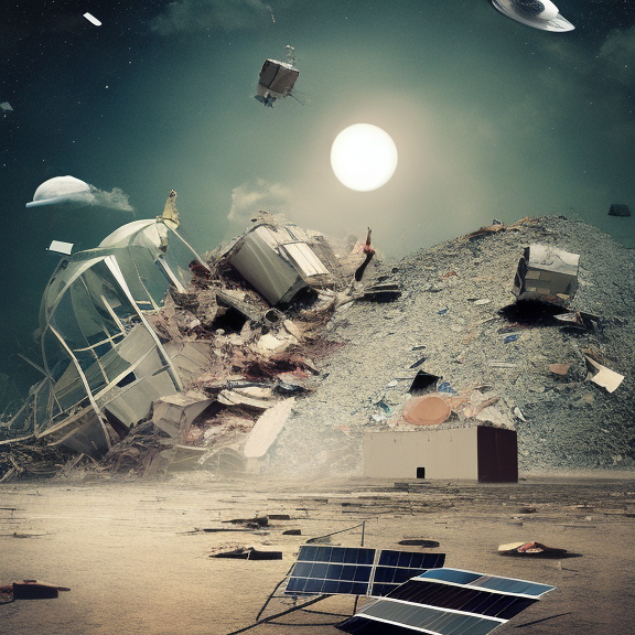 “A stylized and dystopian space-themed poster art featuring a chaotic landscape of satellite debris, solar panels, radiators and antennas, floating in the vastness of space, with a muted and desaturated color palette, and intricate use of light and shadow. The image captures the sense of loss, neglect and waste, evoking feelings of caution and the need for responsible use of technology.". "A stylized and dystopian space-themed poster art featuring a chaotic landscape of satellite debris, solar panels, radiators and antennas, floating in the vastness of space, with a muted and desaturated color palette, and intricate use of light and shadow. The image captures the sense of loss, neglect and waste, evoking feelings of caution and the need for responsible use of technology.". pexels, profile picture 1024px, high res beautiful lighting”