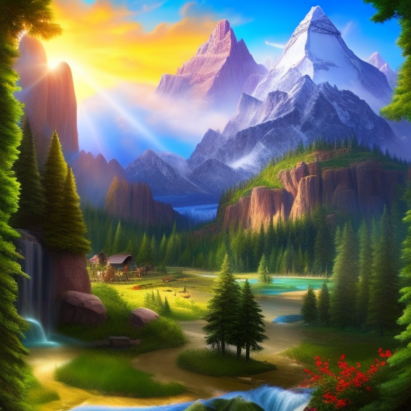 “Create an ultra-realistic digital rendering of a mountain landscape, complete with detailed textures, natural lighting and shadows, and accurate portrayal of the flora and fauna.". "Create an ultra-realistic digital rendering of a mountain landscape, complete with detailed textures, natural lighting and shadows, and accurate portrayal of the flora and fauna.". hearthstone card game artwork, sumatraism”