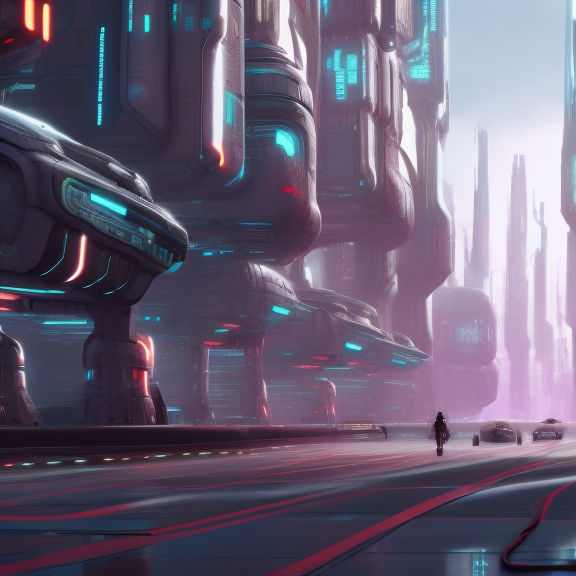 a beautiful street view of a futuristic robotic city with robots walking on road, galaxy in the background, intricate, insane level of detail, cinematic, composition, sense of awe and scale, artstation HQ, 16K