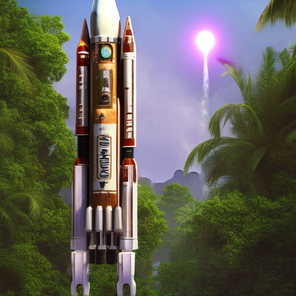 “Cyberpunk art of a rocket launche. Cyberpunk art of a rocket launche. lovely, 3/4 portrait, tropical surroundings, wide shot”