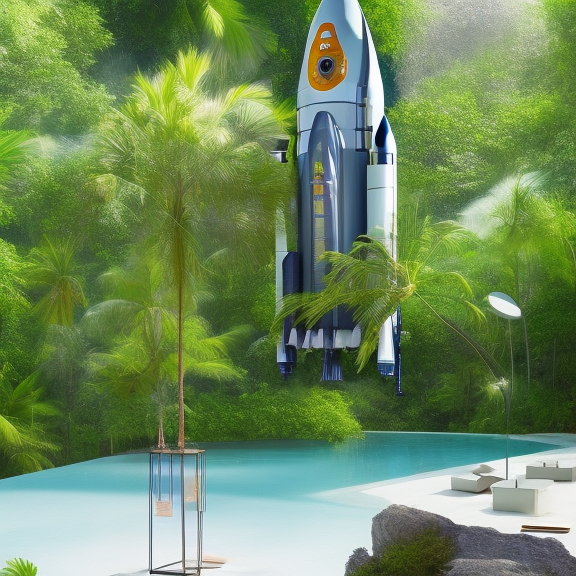 “Cyberpunk art of a rocket launche. Cyberpunk art of a rocket launche. lovely, 3/4 portrait, tropical surroundings, wide shot”