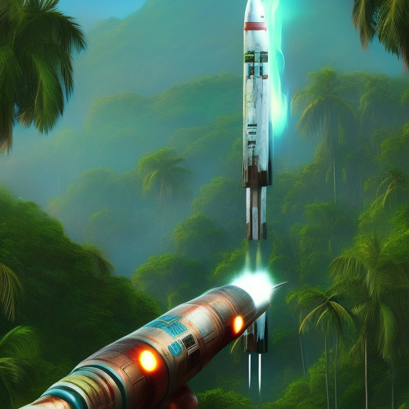 cyberpunk art piece featuring a rocket launch in a tropical setting. Showcase the contrast between the high-tech rocket and the lush, natural surroundings, and use a wide shot to capture the scale of the launch and the surrounding environment.
