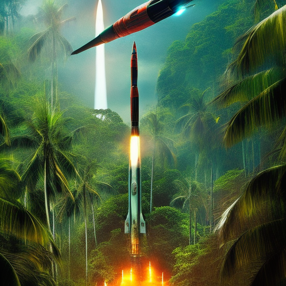 cyberpunk art piece featuring a rocket launch in a tropical setting. Showcase the contrast between the high-tech rocket and the lush, natural surroundings, and use a wide shot to capture the scale of the launch and the surrounding environment.