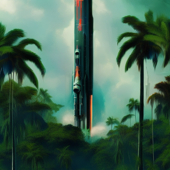 cyberpunk art piece featuring a rocket launch in a tropical setting. Showcase the contrast between the high-tech rocket and the lush, natural surroundings, and use a wide shot to capture the scale of the launch and the surrounding environment.