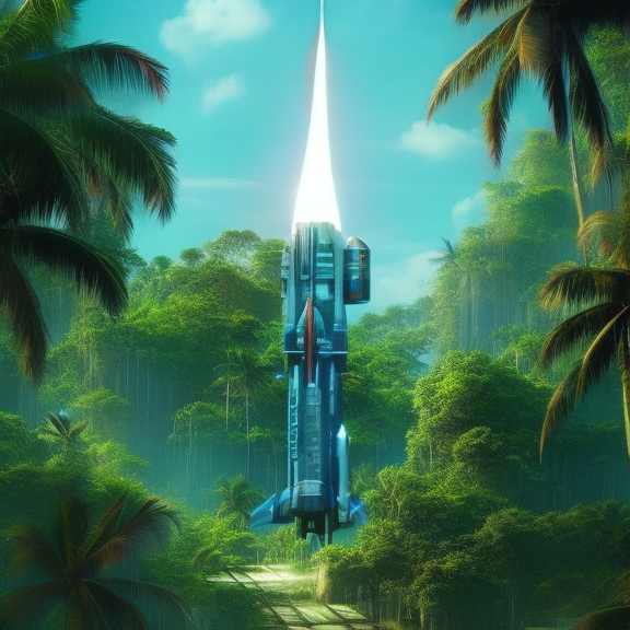 cyberpunk art piece featuring a rocket launch in a tropical setting. Showcase the contrast between the high-tech rocket and the lush, natural surroundings, and use a wide shot to capture the scale of the launch and the surrounding environment.
