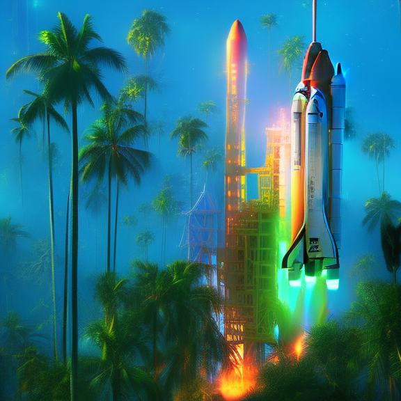 "Create an AI-generated cyberpunk art piece of a space shuttle launch in a tropical setting, showcasing the fusion of advanced technology and nature. Use neon lights, cyberpunk elements and a wide shot to capture the scale of the launch and the surrounding environment."