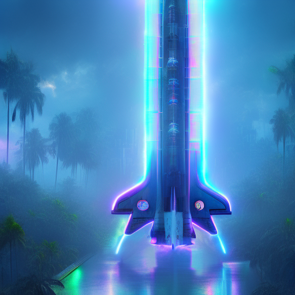 "Create an AI-generated cyberpunk art piece of a space shuttle launch in a tropical setting, showcasing the fusion of advanced technology and nature. Use neon lights, cyberpunk elements and a wide shot to capture the scale of the launch and the surrounding environment."