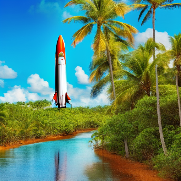 “cyberpunk art piece featuring a rocket launch in a tropical setting. Showcase the contrast between the high-tech rocket and the lush, natural surroundings, and use a wide shot to capture the scale of the launch and the surrounding environment. cyberpunk art piece featuring a rocket launch in a tropical setting. Showcase the contrast between the high-tech rocket and the lush, natural surroundings, and use a wide shot to capture the scale of the launch and the surrounding environment. cinematic lighting, Royal blue”