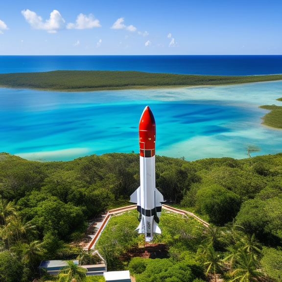 “cyberpunk art piece featuring a rocket launch in a tropical setting. Showcase the contrast between the high-tech rocket and the lush, natural surroundings, and use a wide shot to capture the scale of the launch and the surrounding environment. cyberpunk art piece featuring a rocket launch in a tropical setting. Showcase the contrast between the high-tech rocket and the lush, natural surroundings, and use a wide shot to capture the scale of the launch and the surrounding environment. cinematic lighting, Royal blue”