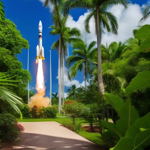 “cyberpunk art piece featuring a rocket launch in a tropical setting. Showcase the contrast between the high-tech rocket and the lush, natural surroundings, and use a wide shot to capture the scale of the launch and the surrounding environment. cyberpunk art piece featuring a rocket launch in a tropical setting. Showcase the contrast between the high-tech rocket and the lush, natural surroundings, and use a wide shot to capture the scale of the launch and the surrounding environment. cinematic lighting, Royal blue”