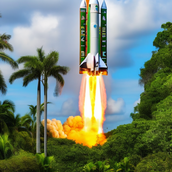“cyberpunk art piece featuring a rocket launch in a tropical setting. Showcase the contrast between the high-tech rocket and the lush, natural surroundings, and use a wide shot to capture the scale of the launch and the surrounding environment. cyberpunk art piece featuring a rocket launch in a tropical setting. Showcase the contrast between the high-tech rocket and the lush, natural surroundings, and use a wide shot to capture the scale of the launch and the surrounding environment. cinematic lighting, Royal blue”