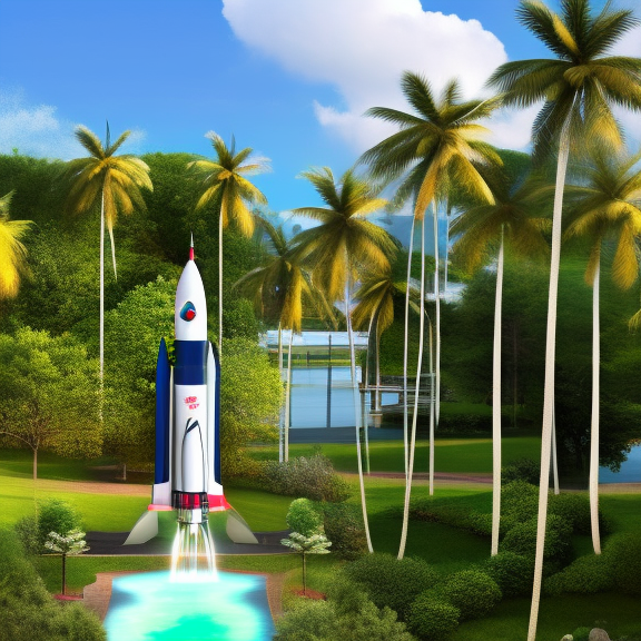 “cyberpunk art piece featuring a rocket launch in a tropical setting. Showcase the contrast between the high-tech rocket and the lush, natural surroundings, and use a wide shot to capture the scale of the launch and the surrounding environment. cyberpunk art piece featuring a rocket launch in a tropical setting. Showcase the contrast between the high-tech rocket and the lush, natural surroundings, and use a wide shot to capture the scale of the launch and the surrounding environment. cinematic lighting, Royal blue”
