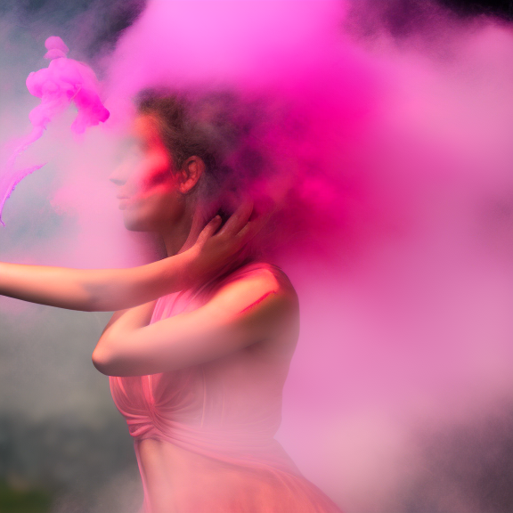 beautiful tan skinned woman twirling in pink smoke
