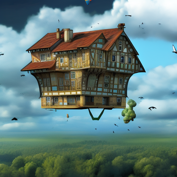 a house flying in the sky, digital art, detailed, HD