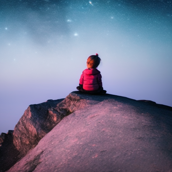 little girl sitting on a mountain top looking at the stars