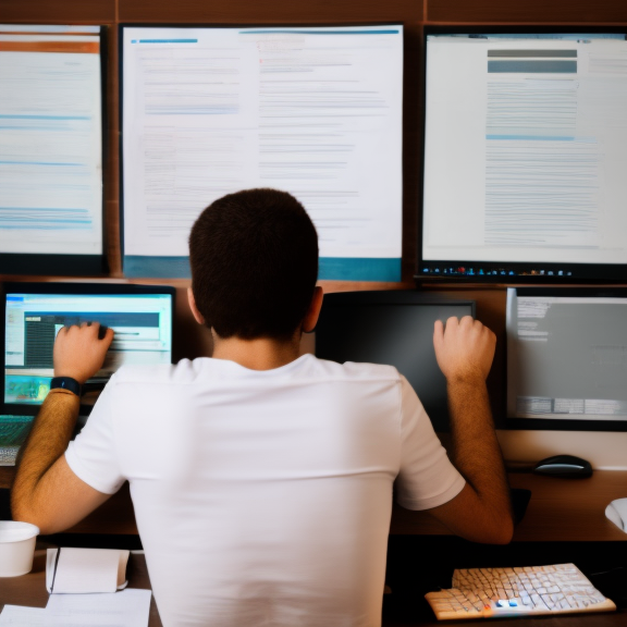 a university office worker behind his desk trying his best to finish typing his work behind the computer  that is due tomorrow morning. he still has a staple of paperwork to do 