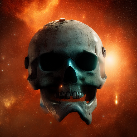 a skull wearing a space helmet. art, aqua, stars and galaxy on the background, meteorites, asteroids heating the scull, style of romanticism, cinematic, artstation, cg artwork