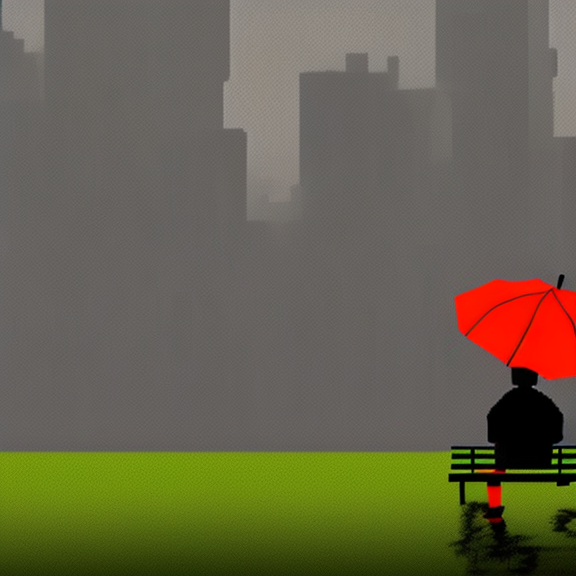 "A lone figure sitting on a park bench, staring out at the rain-drenched cityscape while lost in thought, a single red umbrella the only splash of color in the gray, misty scene."::2.5 4-bit::-0.3 16-bit::1.6 8-bit::1.5 1980s::2.1 1800s::2.9 caribbean::2.5 cartoon::-0.5 carved lacquer::1.2 diego rivera::0.2 francis bacon::2 JMW Turner::1.5 jean michel basquiat::1.8 defocus::-0.5 --quality 2 --stylize 60000