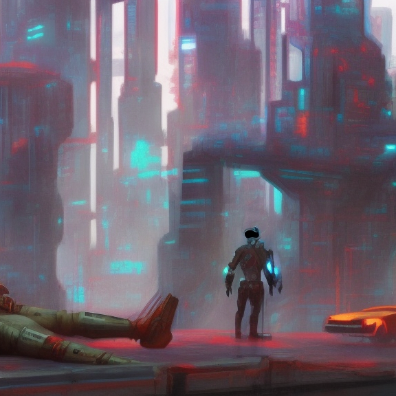 "Create a digital painting depicting a cyberpunk cowboy, complete with high-tech gear and weapons, set against a gritty, futuristic urban landscape."