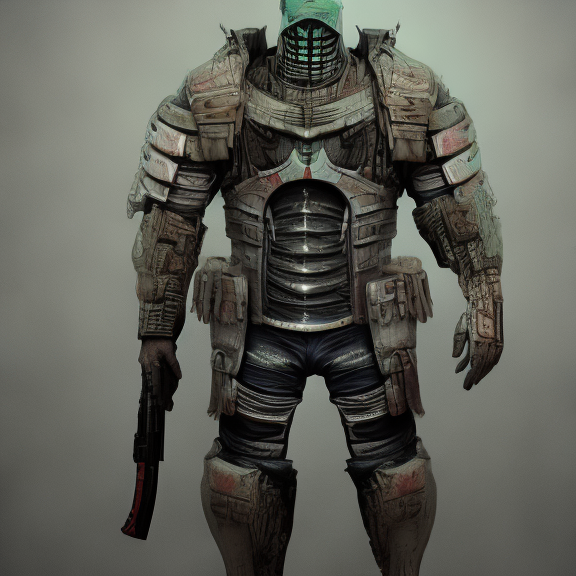 "Create a digital illustration of a futuristic armor made from the skeleton of a hippopotamus, worn by a person in a post-apocalyptic world, showing how the armor looks like in action and incorporating elements of cyberpunk aesthetic."
