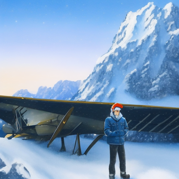 Create a painting of a man standing in the remnant of a demolished airplane in a frozen, snow-covered landscape.
