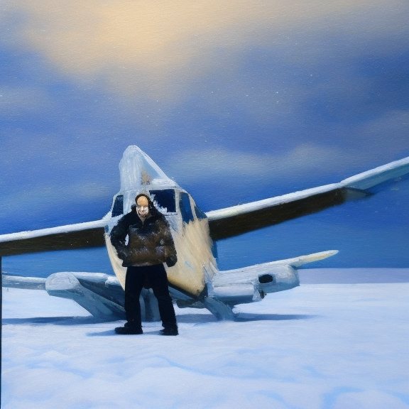 Create a painting of a man standing in the remnant of a demolished airplane in a frozen, snow-covered landscape.