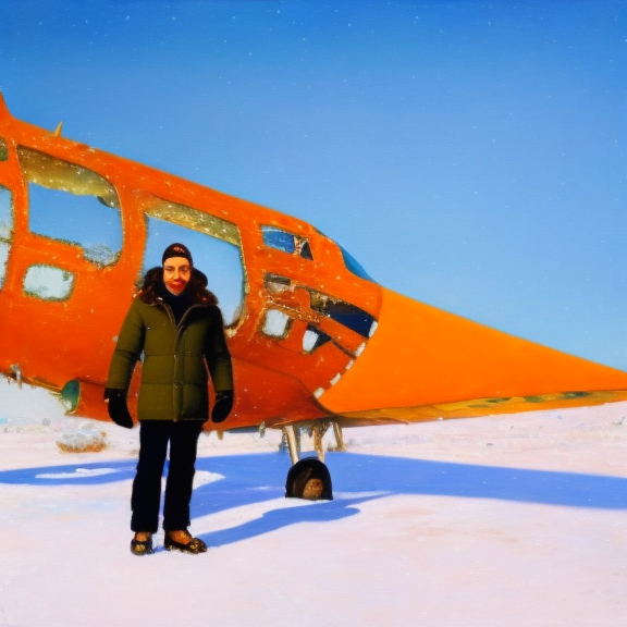Create a painting of a man standing in the remnant of a demolished airplane in a frozen, snow-covered landscape.