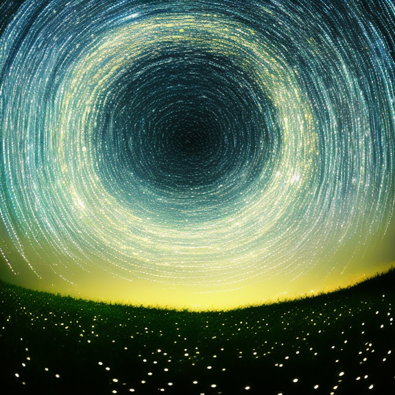 a spiral made of glowing lights in the night sky circling fast around a star. sky, field of flowers bellow, atmosphere, light, natural landscape, nature, natural environment, lighting, atmospheric phenomenon, horizon, star”